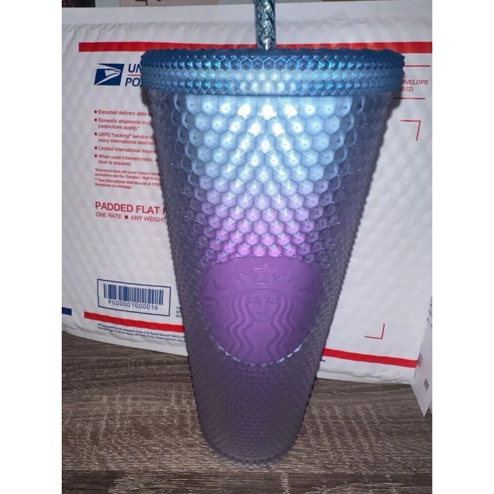 Starbucks Blue Purple Ombre Honeycomb‎ Studded Tumbler Cold Cup 24oz with Straw